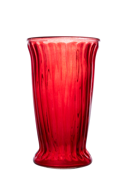 12 inch red ribbed cup footed glass vase