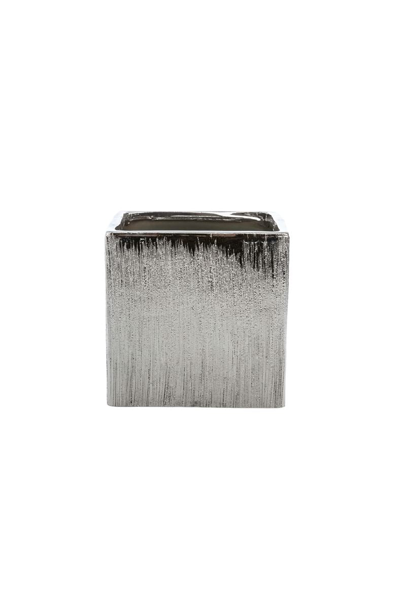 5 inch scratched silver cube ceramic vase