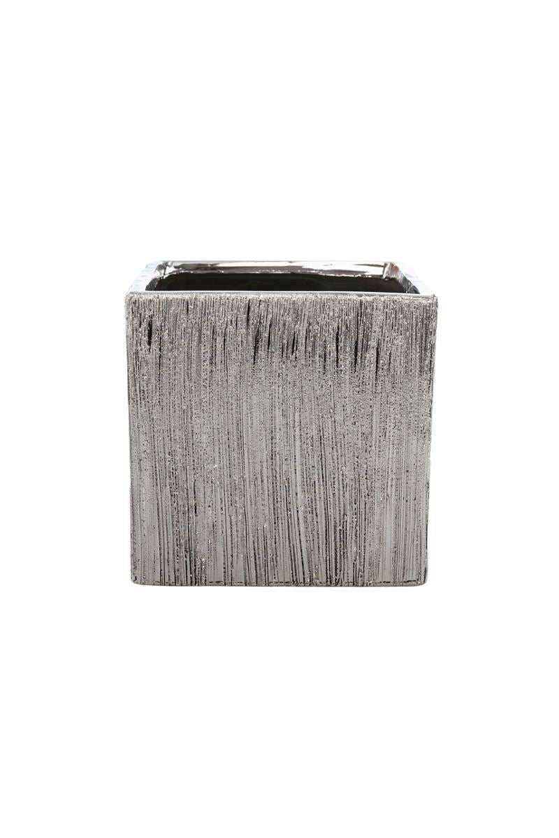 6 inch scratched silver cube ceramic vase