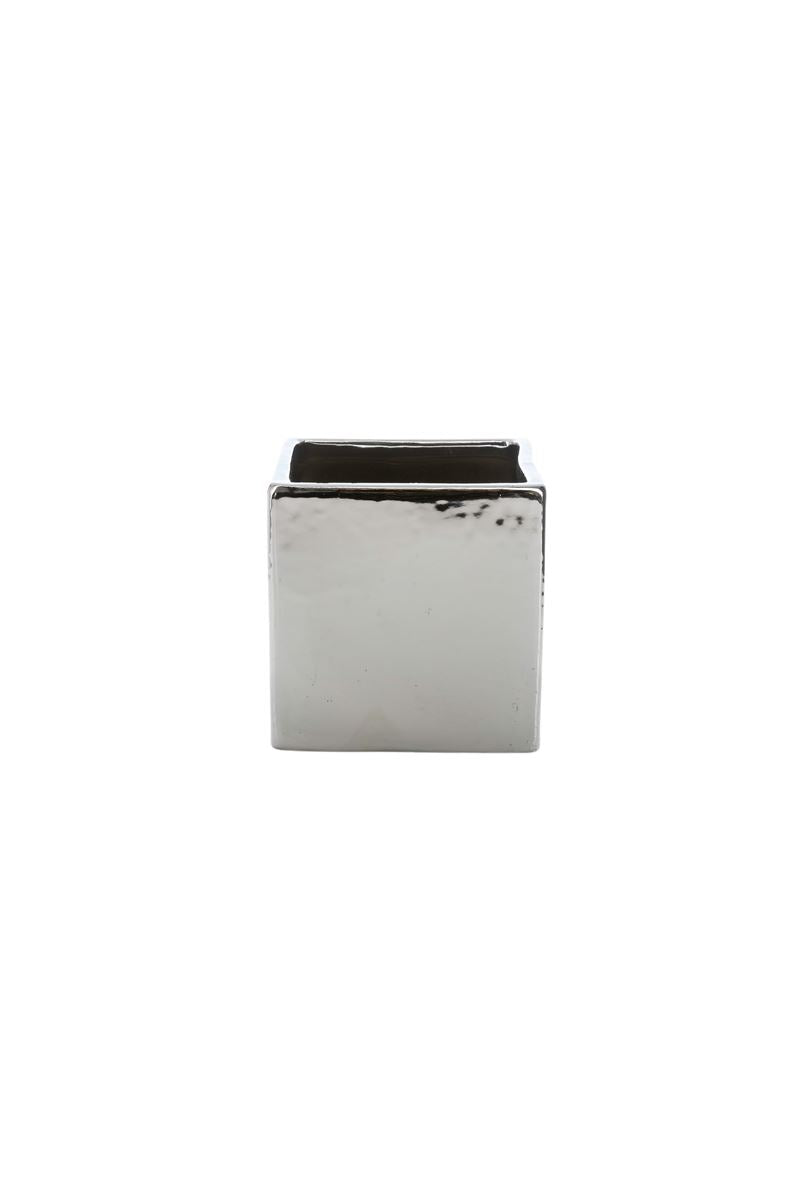 4 inch glossy silver cube ceramic vase