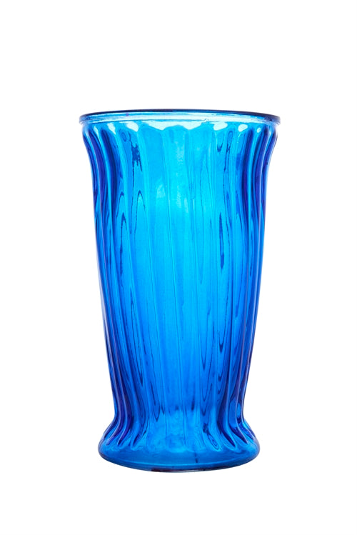 12 inch cobalt blue ribbed cup footed glass vase