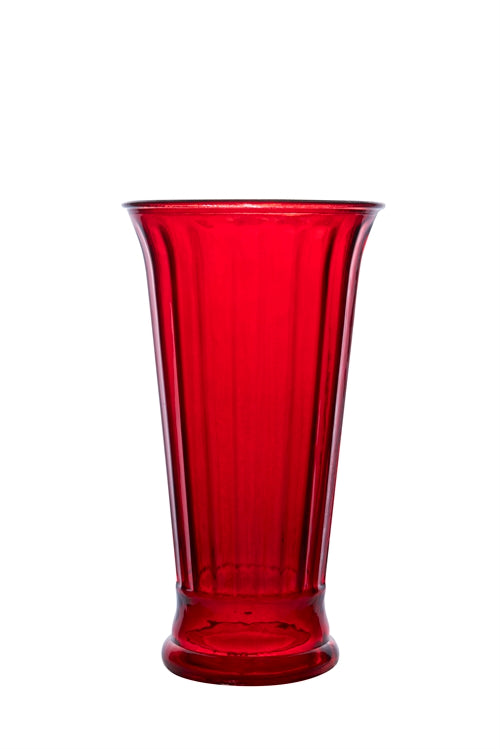 10 inch red cup footed ribbed glass vase
