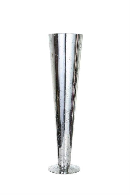 23.5 inch mercury silver cone footed glass vase