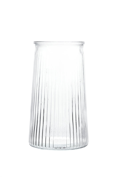 8.5 inch clear ribbed tapered cylinder glass vase