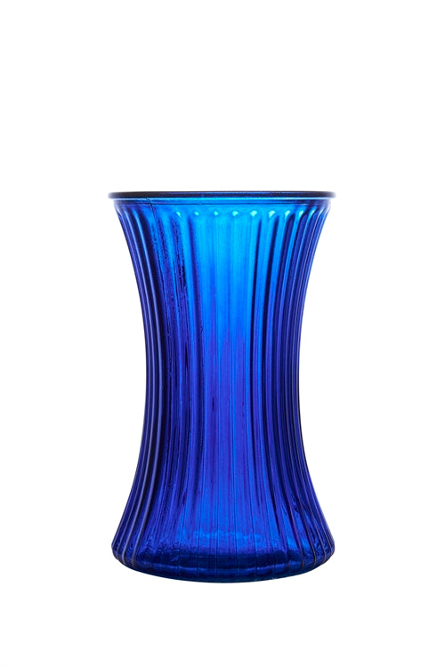 8 inch ribbed blue gathering glass vase
