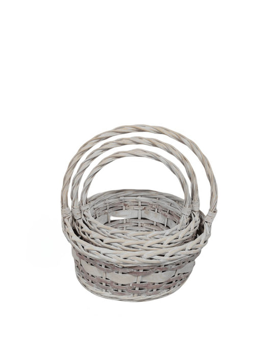 3-piece white and brown round basket set