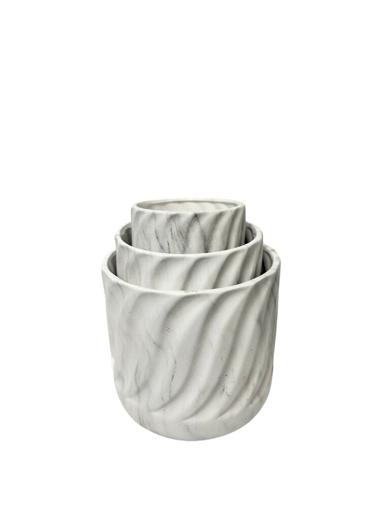 3-Piece Set Marble Finish White Round Ceramic Pot 8"W x 7.5"H; 6.5"W x 6.5"H; 5"W 5"H