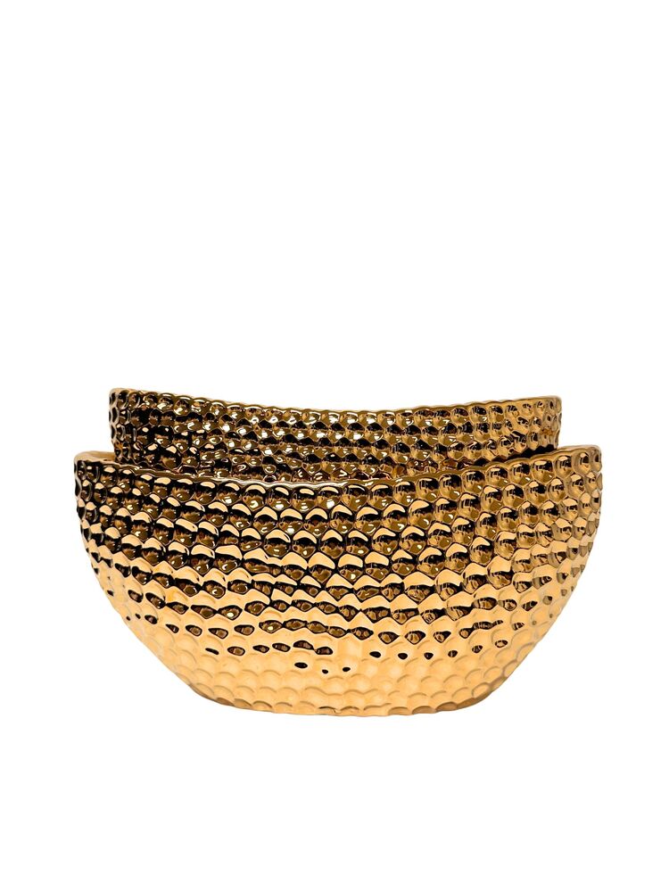 2-Piece Set Electroplated Gold Oval Ceramic Vase 13.75"L x 6.75"W x 6.5"H; 11.75"L x 5.75"W x 5.75"H