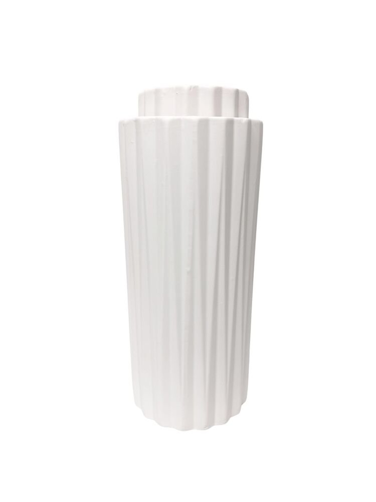 2-Piece Set White Round Ceramic Vase w/ Corrugated Column Design 6.5"W x 14.5"H; 5"W x 12.25"H
