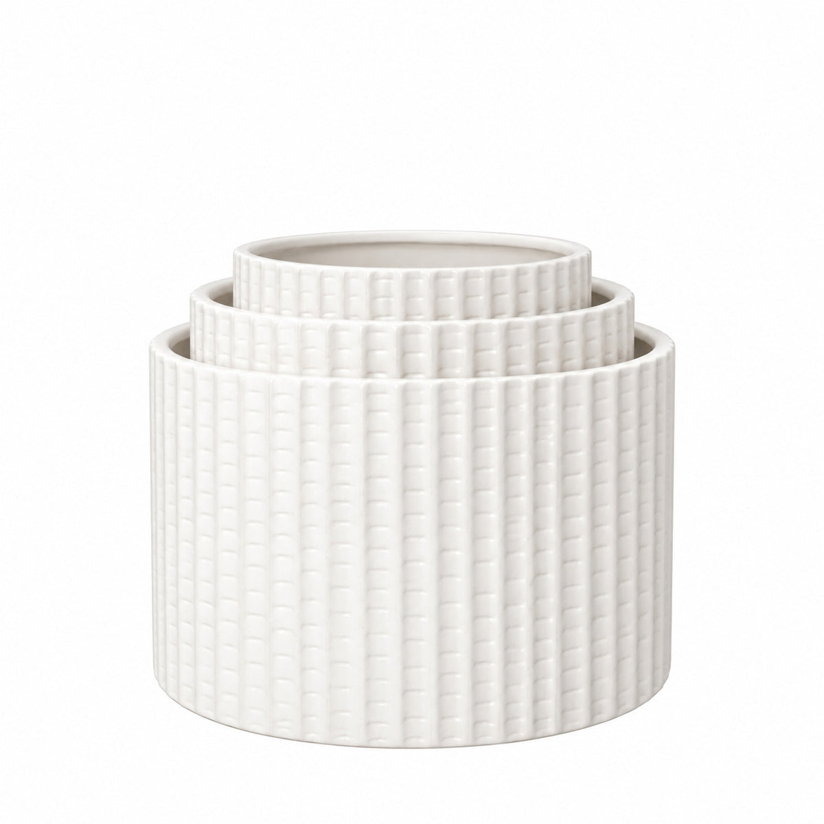 3-Piece Set White Round Ceramic Vase w/ Embossed Ribbed Pattern 8"W x 7.5"H; 6.75"W x 6"H; 5"W x 4.75"H