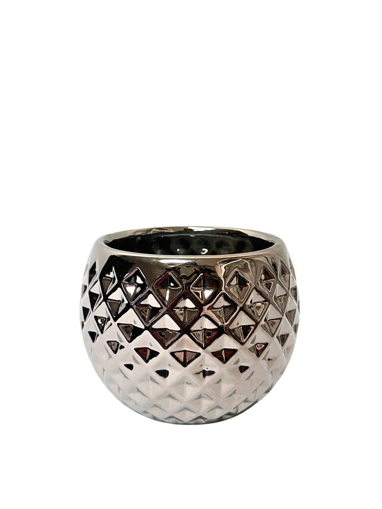 5.5 Inch Silver Fishbowl Ceramic Vase w/ Pattern 5"W x 5.5"H